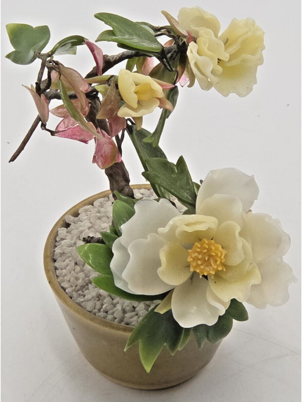 Vintage Jade Glass Bonsai Tree Peony Flowers Ceramic Pot Asian Decor 7"